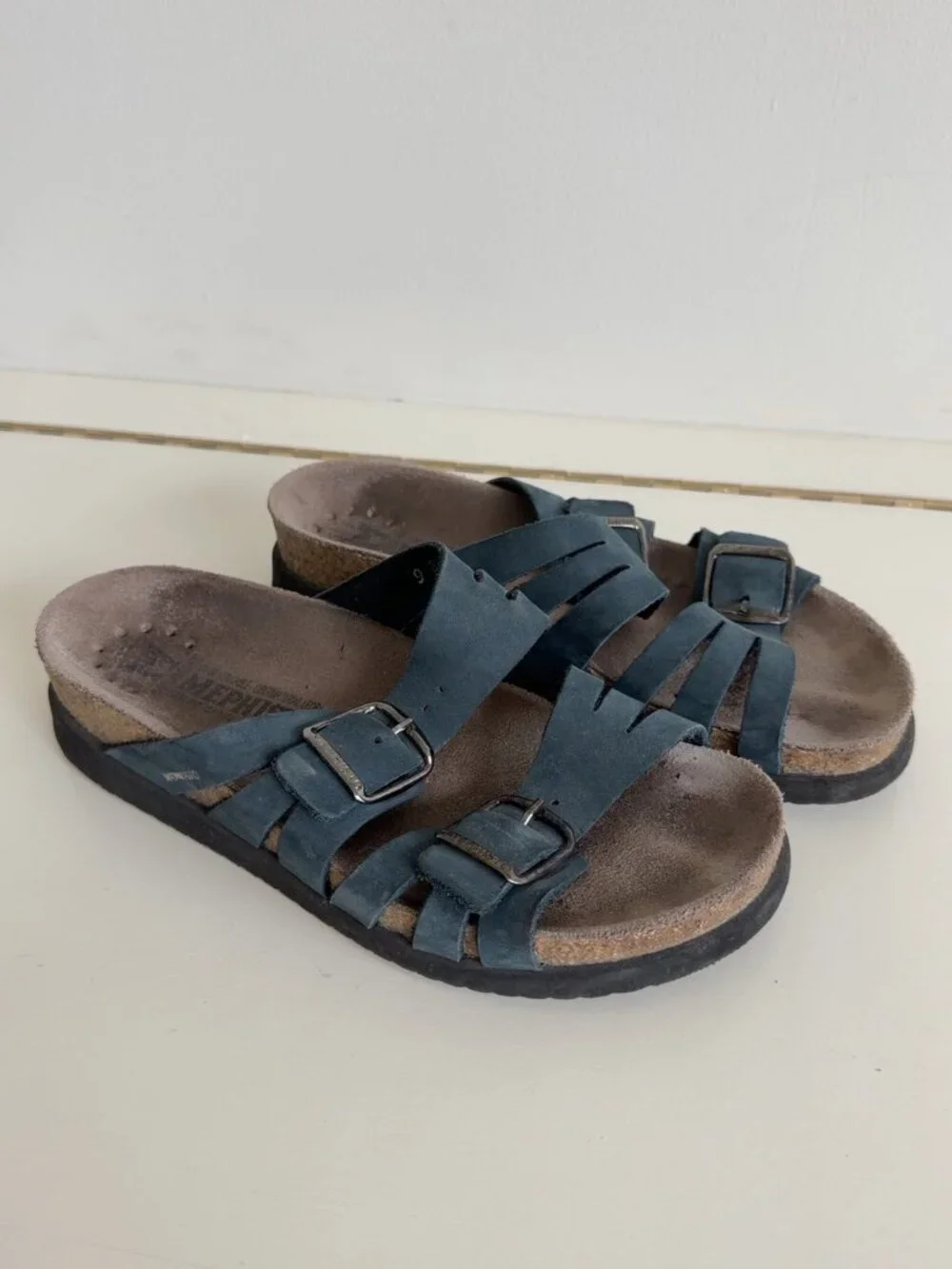 Mephisto Blue Leather Double Buckle Reflex Footbed Slide Sandals EU 35
